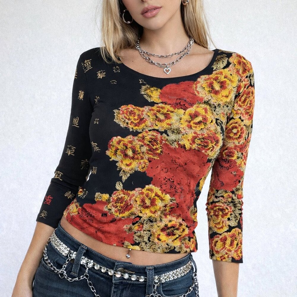 Vintage Chico's Floral Y2K Top Japanese Art-to-Wear Embroidered Beaded size L